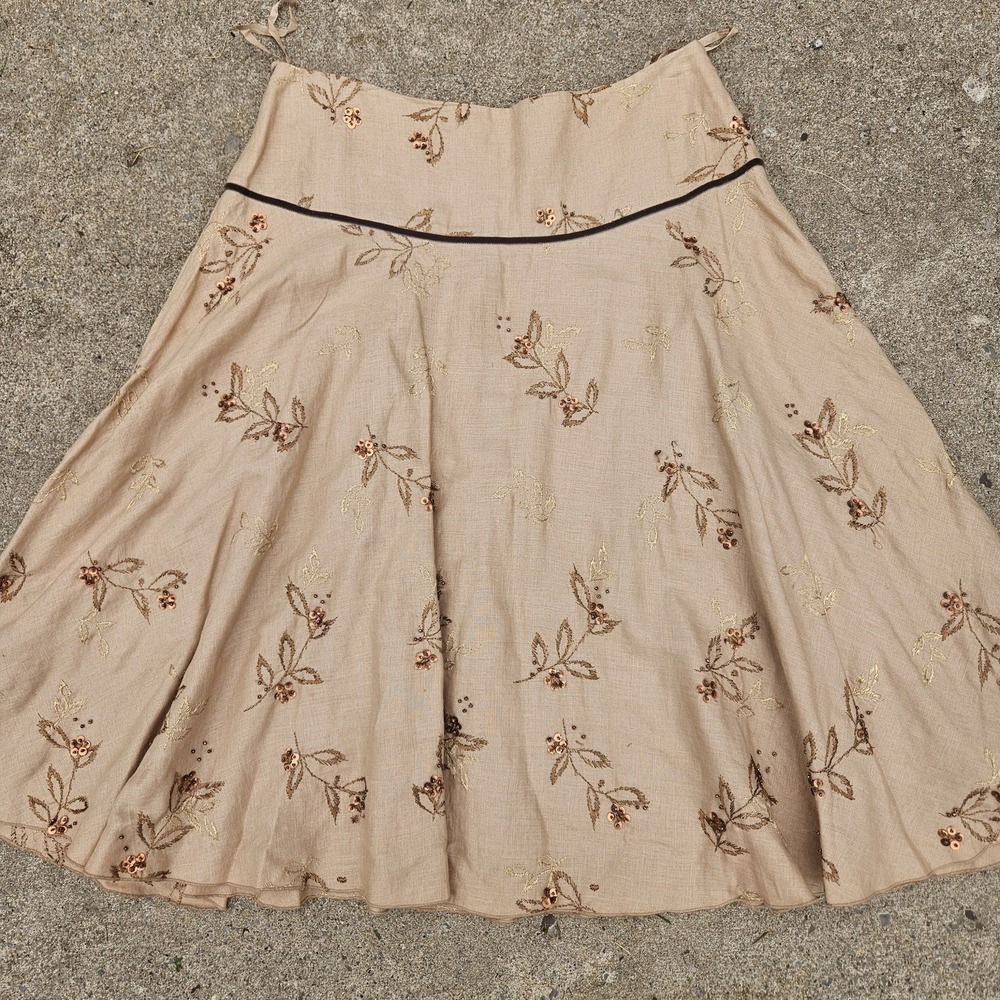 Nine West 8 Linen Midi Skirt Embroidered Sequin Floral Cottagecore Boho Beaded